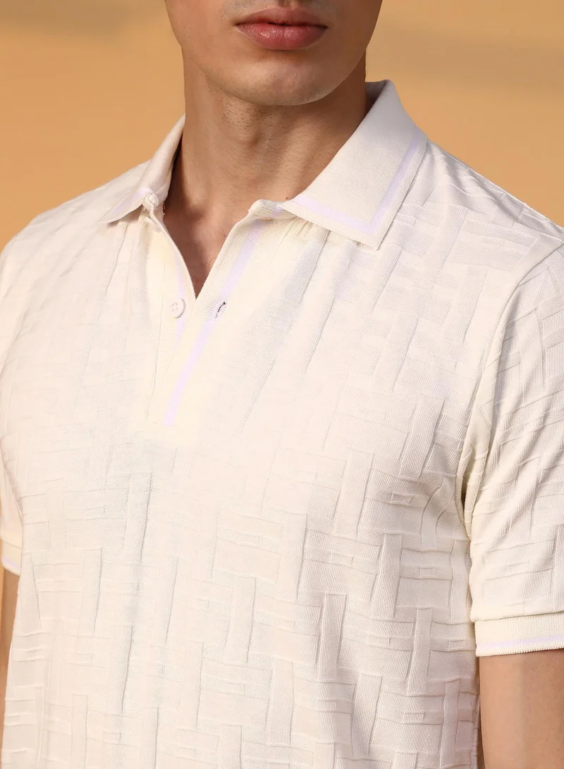 Campus Sutra White Men's Cream White Weave-Textured Polo T-Shirt for Men | Best Price UAE