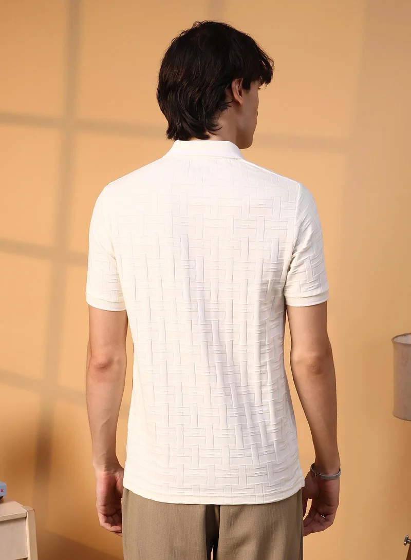 Campus Sutra White Men's Cream White Weave-Textured Polo T-Shirt for Men | Best Price UAE