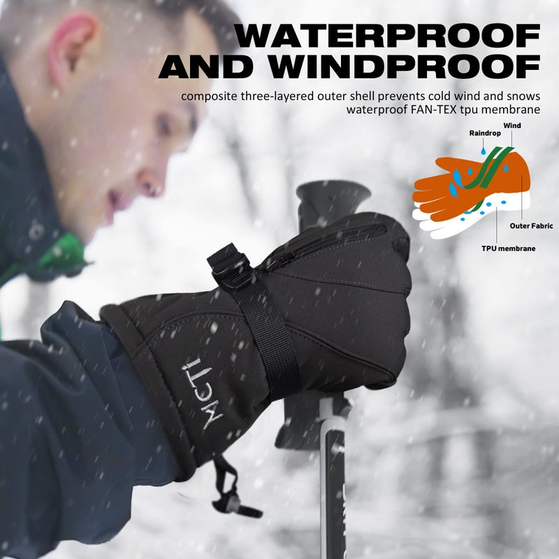 MCTi Waterproof Mens Ski Gloves Winter Warm 3M Thinsulate Snowboard Snowmobile Cold Weather Gloves Black Large - Image 3