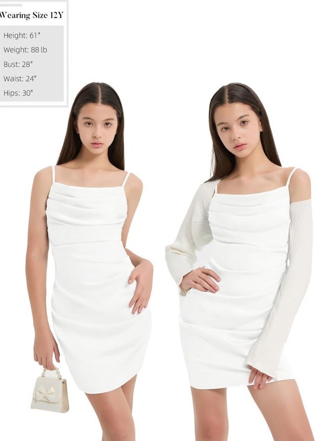 EXARUS Girls Bodycon Dress Tween Short Spaghetti Strap/Cowl Neck/One Shoulder Formal Party Dance Mini Tight Cute Dresses, White-spaghetti Strap, 10 Years - Image 5