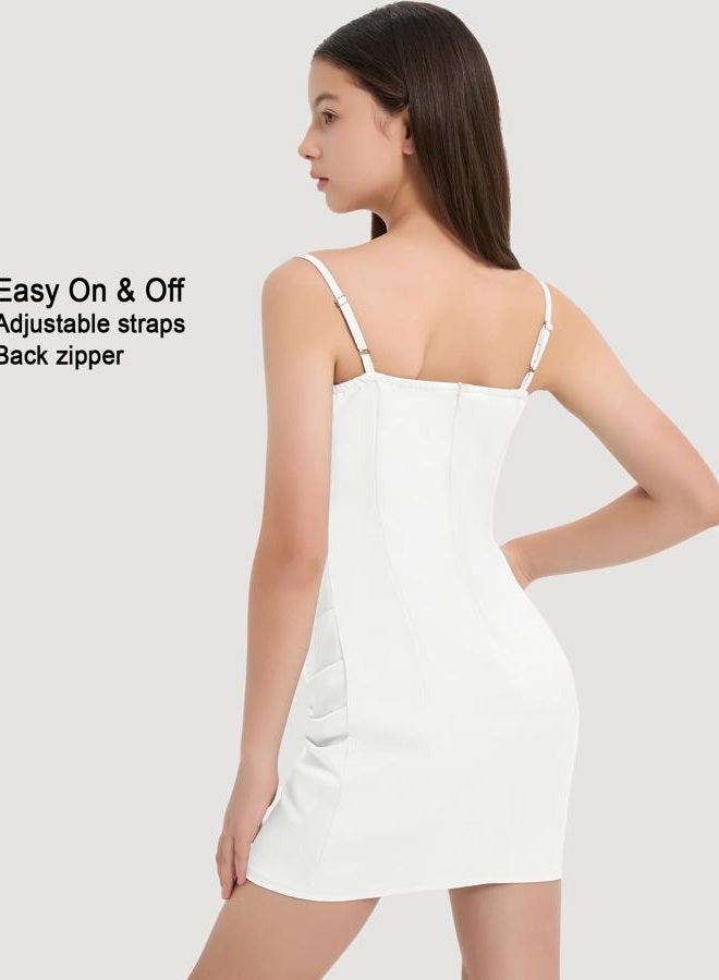 EXARUS Girls Bodycon Dress Tween Short Spaghetti Strap/Cowl Neck/One Shoulder Formal Party Dance Mini Tight Cute Dresses, White-spaghetti Strap, 10 Years - Image 4