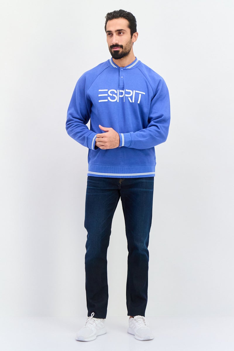 ESPRIT Men Band Collar Long Sleeve Brand Logo Sweatshirts, Blue - Image 3