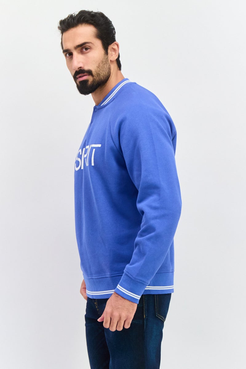 ESPRIT Men Band Collar Long Sleeve Brand Logo Sweatshirts, Blue - Image 4