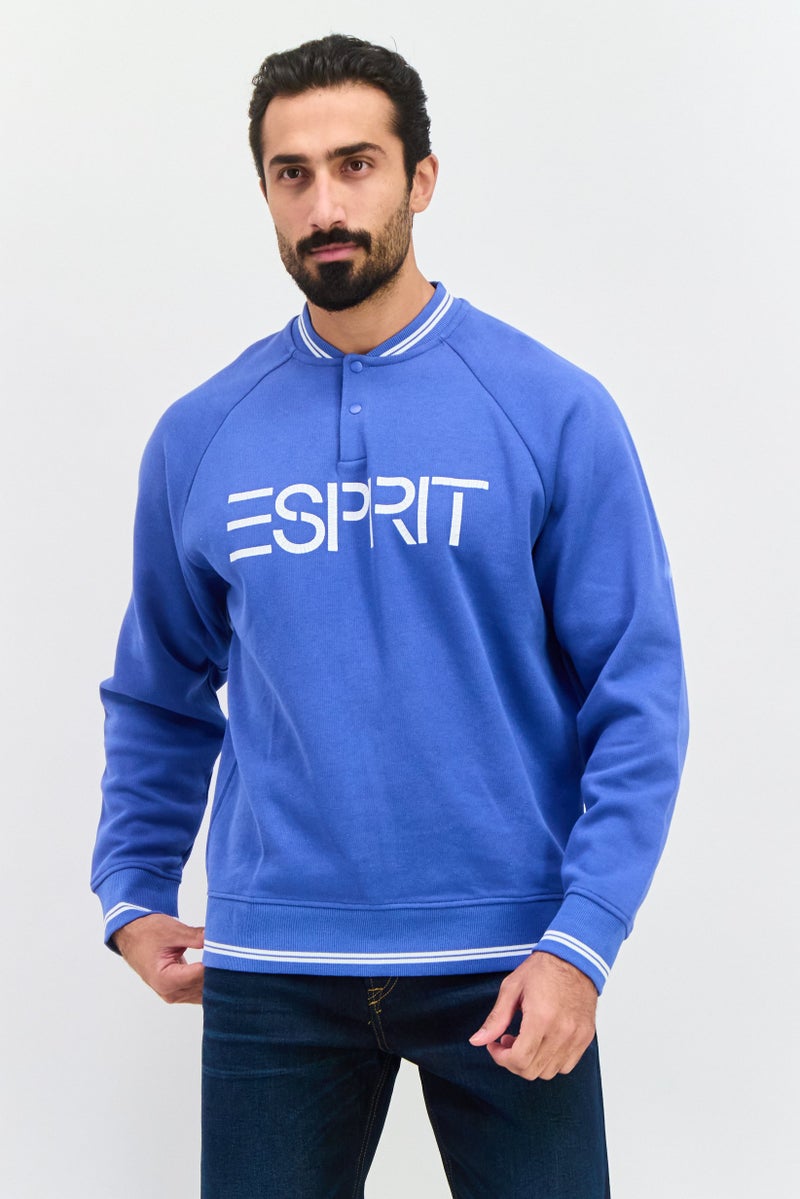 ESPRIT Men Band Collar Long Sleeve Brand Logo Sweatshirts, Blue - Image 1