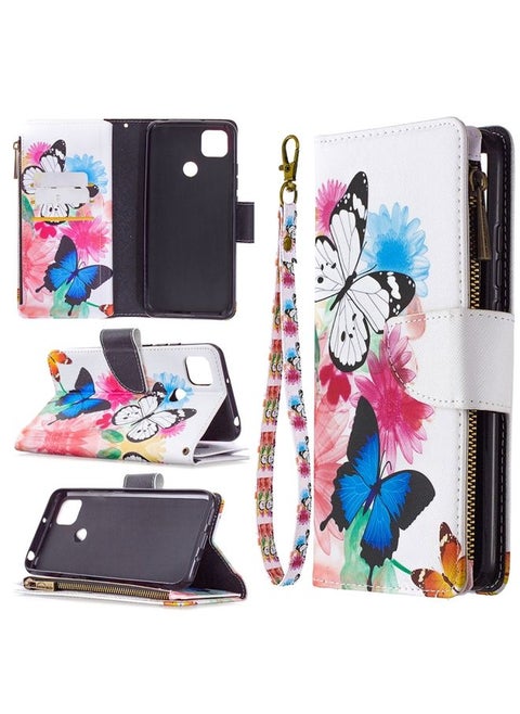 Case Cover For Xiaomi Redmi 9C Colored Drawing Pattern Zipper Horizontal Flip Leather Case with Holder & Card Slots & Wallet Two Butterflies