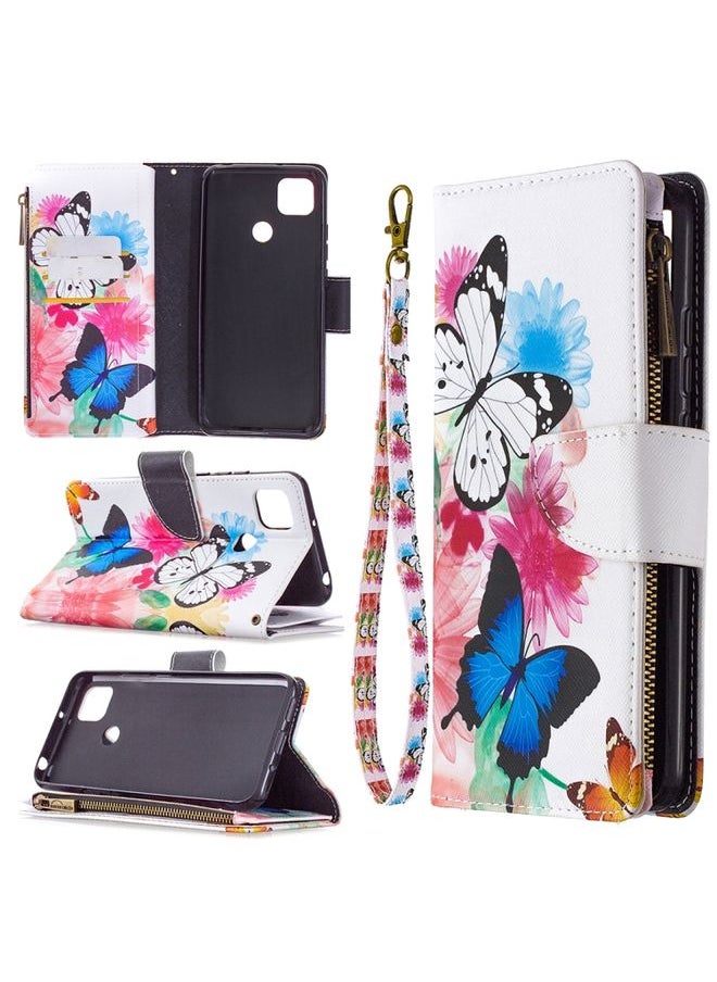 HuHa Case Cover For Xiaomi Redmi 9C Colored Drawing Pattern Zipper Horizontal Flip Leather Case with Holder & Card Slots & Wallet Two Butterflies 