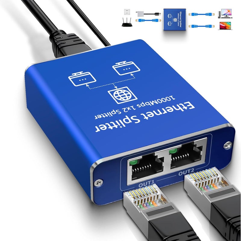 مقسم إيثرنت 1 إلى 2 1000 ميجابت في الثانية، مفتاح شبكة جيجابت، مقسم شبكة RJ45 LAN مع كابل طاقة USB (منفذان يعملان في وقت واحد) عالي السرعة لكابلات Cat5/5e/6/7/8 - Image 1
