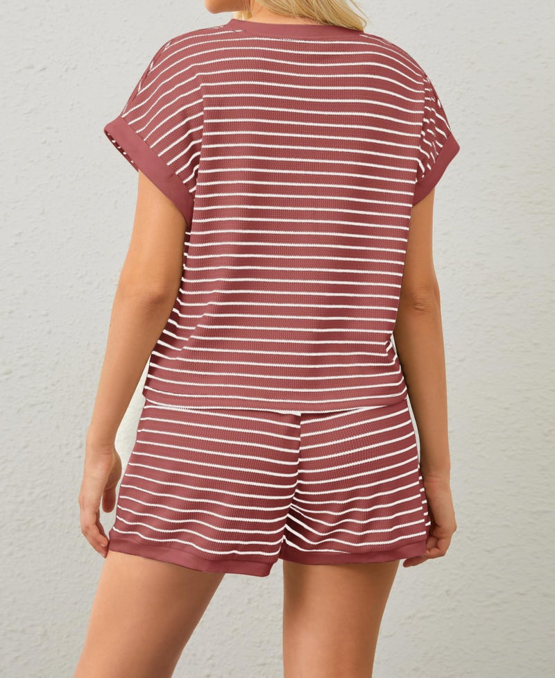 MISSACTIVER 2 Piece Lounge Set Women Stripe Knit Short Sleeve Tee Shirts Shorts Casual Summer Loungewear Shorts Sets - Image 3