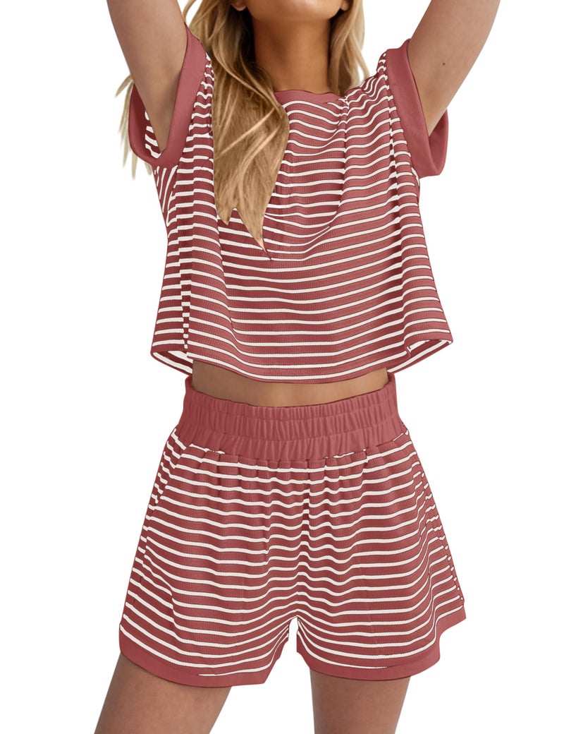 MISSACTIVER 2 Piece Lounge Set Women Stripe Knit Short Sleeve Tee Shirts Shorts Casual Summer Loungewear Shorts Sets - Image 1