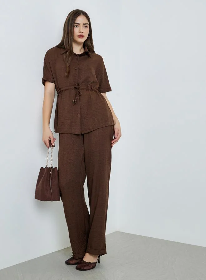 Brown Waist Drawstring Shirt and Pants Co-ords