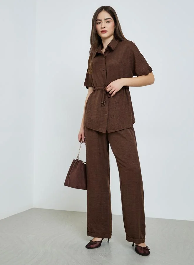 Styli Brown Waist Drawstring Shirt and Pants Co-ords