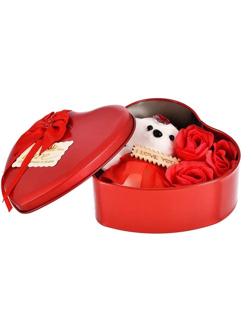 BREEPREE Red Heart Shaped Gift Box with 3 Red Roses 1 Teddy Bear