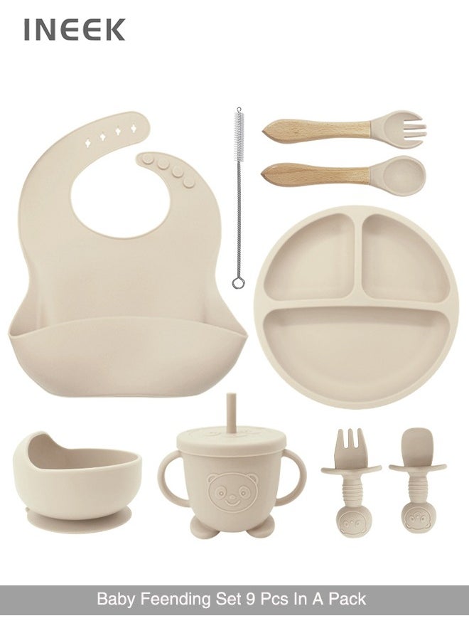 iNeek 9 Piece  Baby Led Weaning Supplies Silicone Feeding Set  Baby Toddler Bib Cup Divided Plate and Bowl Self Feeding Spoons Dish Set  Baby Utensils |Toddler Feeding Supplies  - Image 1