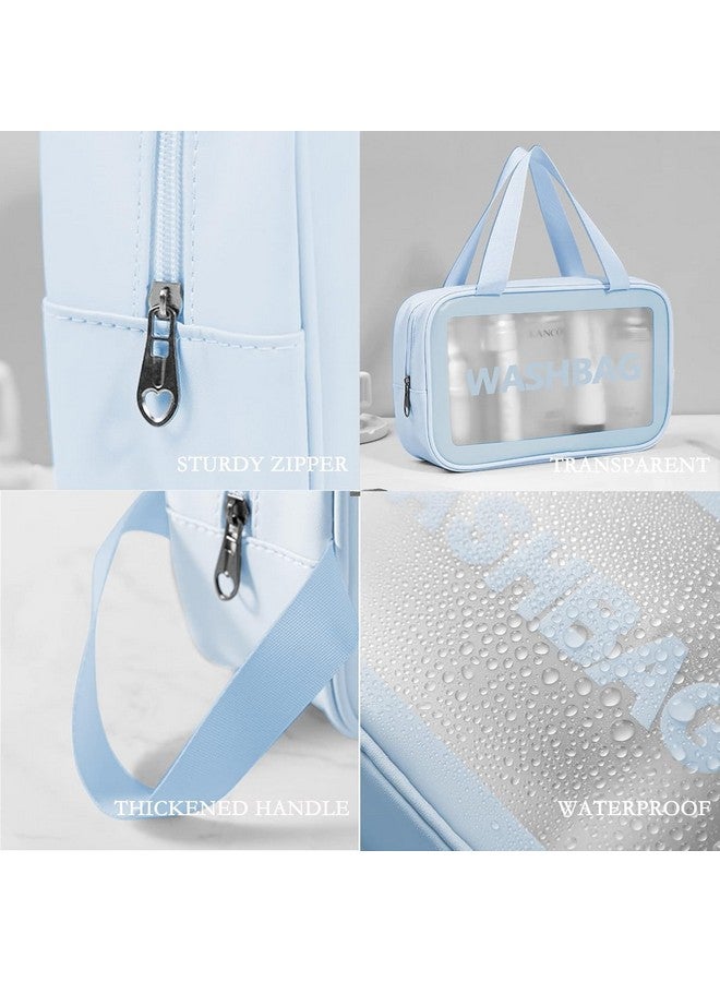 MENOVAS Cosmetic Organizer Bag for Women, Wash Bag Pouch Travel Kit Toiletry Bag, Clear Makeup Organizer Pouch Bag Set of 3 (Blue) - Image 3