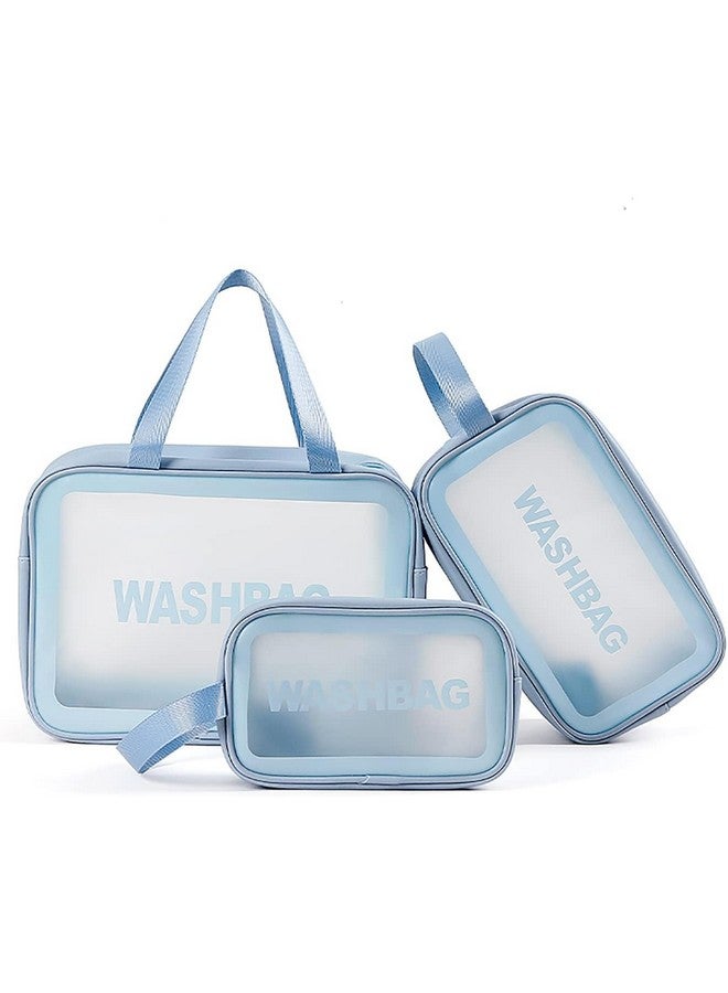 MENOVAS Cosmetic Organizer Bag for Women, Wash Bag Pouch Travel Kit Toiletry Bag, Clear Makeup Organizer Pouch Bag Set of 3 (Blue) - Image 1