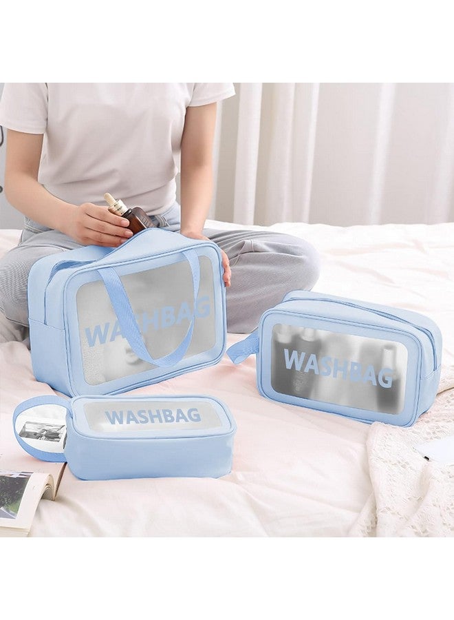 MENOVAS Cosmetic Organizer Bag for Women, Wash Bag Pouch Travel Kit Toiletry Bag, Clear Makeup Organizer Pouch Bag Set of 3 (Blue) - Image 5