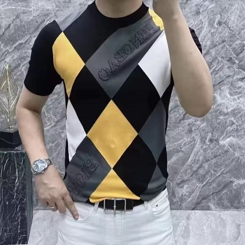 Source Manufacturers Men'S Ice Silk Short Sleeve T-Shirt 2024 New Trend All-Match Handsome Checkered Half Sleeve Upper - Image 4
