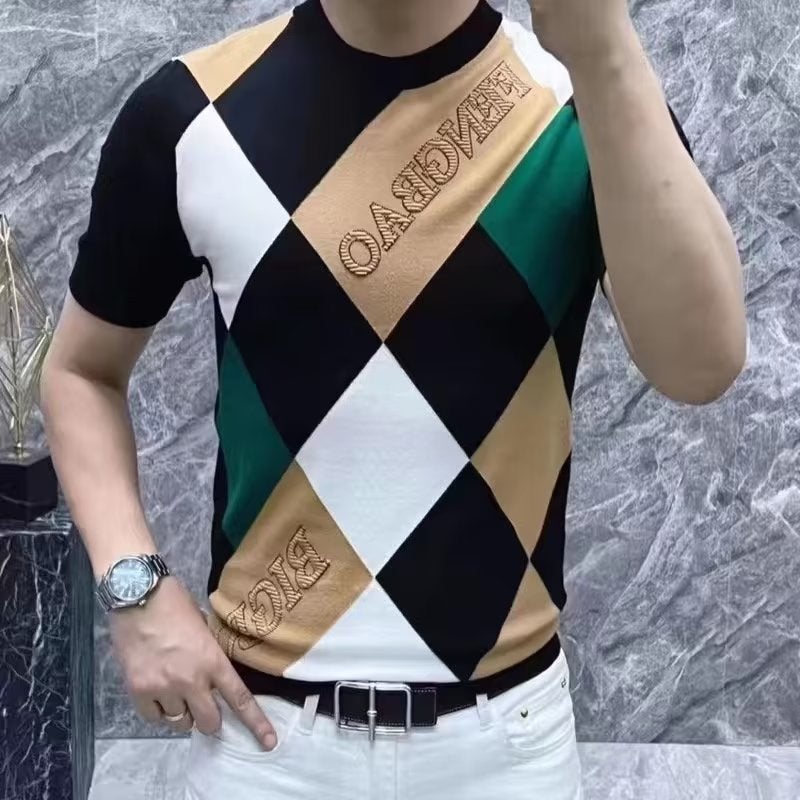 Source Manufacturers Men'S Ice Silk Short Sleeve T-Shirt 2024 New Trend All-Match Handsome Checkered Half Sleeve Upper - Image 1