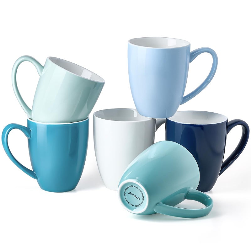 Porcelain Coffee Mugs Set of 6 13 Ounce Coffee Cups with Handle Ceramic Tea Mugs for Latte Hot Tea Cappuccino Mocha Cocoa Blue Assorted Colors Mug Gift Set Dishwasher and Microwave Safe