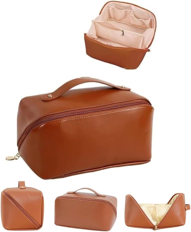 Sprqcart Large Capacity Travel Cosmetic Bag with Handle and Divider - Multifunctional Makeup Bag for Easy Access, Waterproof- (-Brown) - Image 1