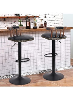 WISFOR Kitchen Island Bar Stool Chair Set of 2 Black Leather Cushion Barstools Breakfast Chairs Adjustable Counter Height Lift Seat Swivel Tall Wooden Back with Foot Rest Home Pub  - Image 2
