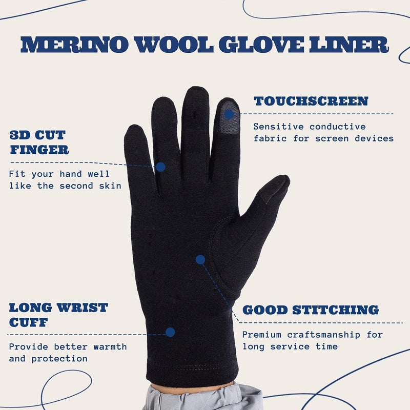 ACUSHLA 100% Merino Wool Touch Screen Lightweight Base Layer Ski Inner Glove for Men and Women - Image 4