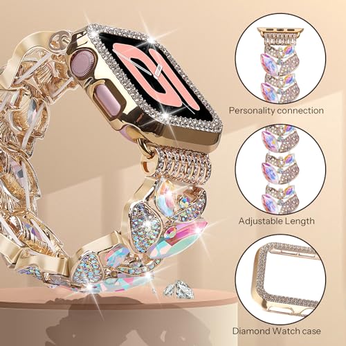 VIQIV Bling Dressy Bracelet with Case Compatible with Apple Watch Bands Series SESE2654 44mm for Women Strethy Cute Slim Metal Wristband Strap for iWatch Bands 44mm MixColor - Image 3