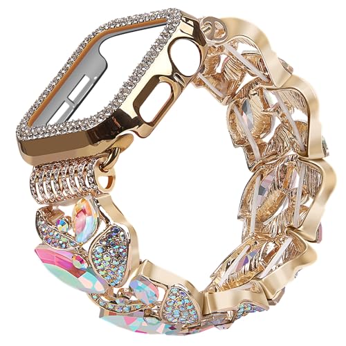 VIQIV Bling Dressy Bracelet with Case Compatible with Apple Watch Bands Series SESE2654 44mm for Women Strethy Cute Slim Metal Wristband Strap for iWatch Bands 44mm MixColor - Image 1