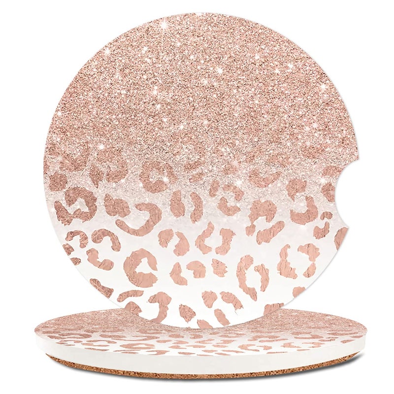 Trendy Rose Gold Glitter Leopard Absorbent Cup Holders Car CoastersCeramic Stone Drinks Coaster Set for Women Man 2562 Pack