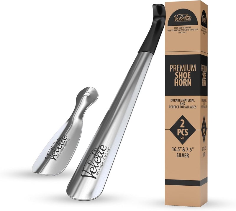 Velette 2 Pack Metal Shoe Horn Long Handle for Seniors - 16.5" Extra Long Shoe Horn for Seniors, 7.5" Travel Shoes Horns for Men, Women, and Kids - Shoehorn Long-Handle, Shoes Spoon, Gifts for Elders - Image 1