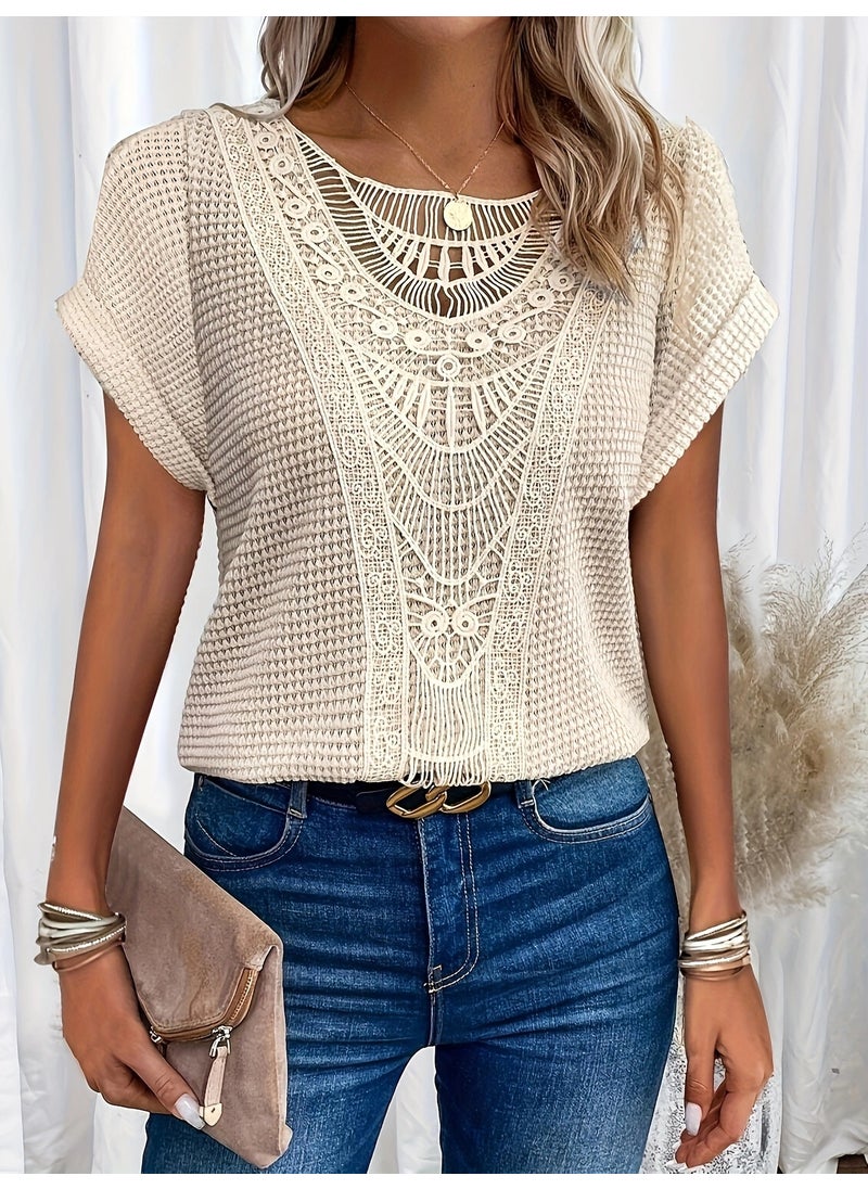 Generic - 2024 Trendy Hollow out Lace Patchwork Womens Short Sleeve Top Shirt Polyester Street Style round Neck Regular Sleeve T-shirt Sky Blue - Image 1