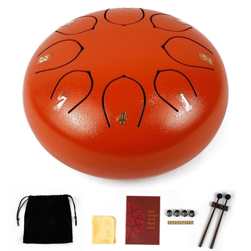 Regis 8 Notes 6 Inch Orange Alloy Steel Tongue Drum – Handpan Percussion Drum for Kids & Adults, Meditation, Yoga, Music Therapy – Includes Mallets, Finger Picks & Travel Bag – Orange - Image 1