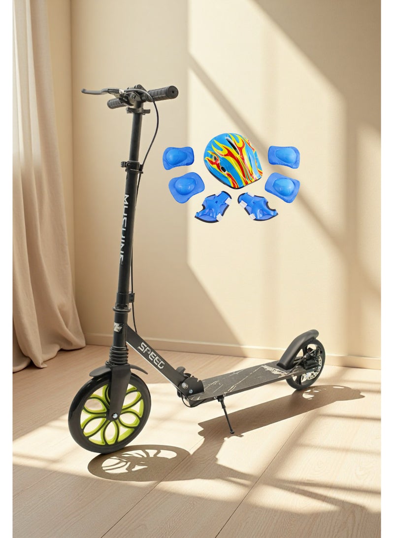 إيزي فيتشور سكوتر ركل للأطفال بعجلات كبيرة من EASY FUTURE، قابل لتعديل الارتفاع وقابل للطي مع فرامل خلفية ومقبض للأعمار من 7 إلى 14 عامًا، بما في ذلك مجموعة معدات الحماية الكاملة - Image 1