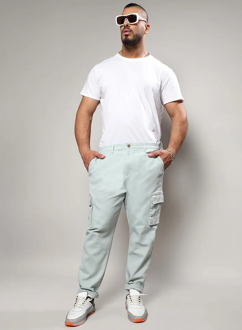 Instafab Plus Instafab Plus Men's Sage Green Cargo Trousers For Casual Wear | 6 Pockets | Plus-Size Fit | Button Closure | Cotton Poly Cargo Pant Crafted With Comfort Fit For Everyday Wear