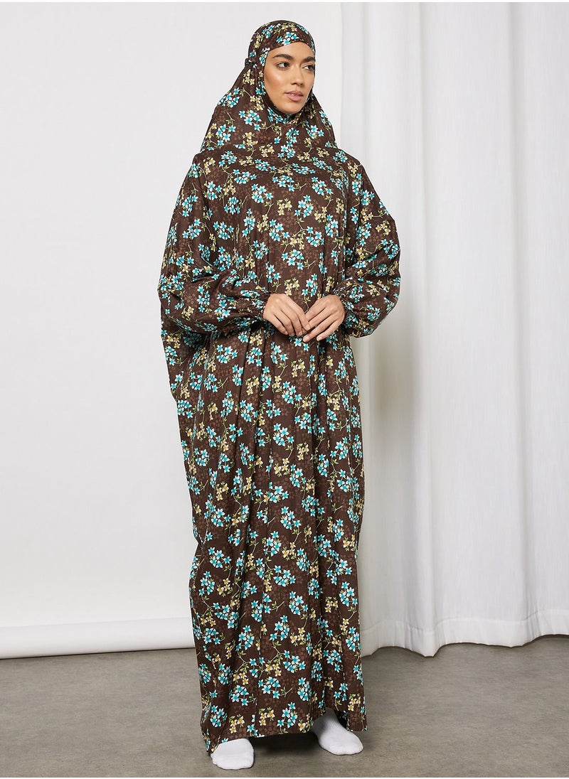 Hayat - Praying Dress With Floral Prints And With Attached Veil - Image 1