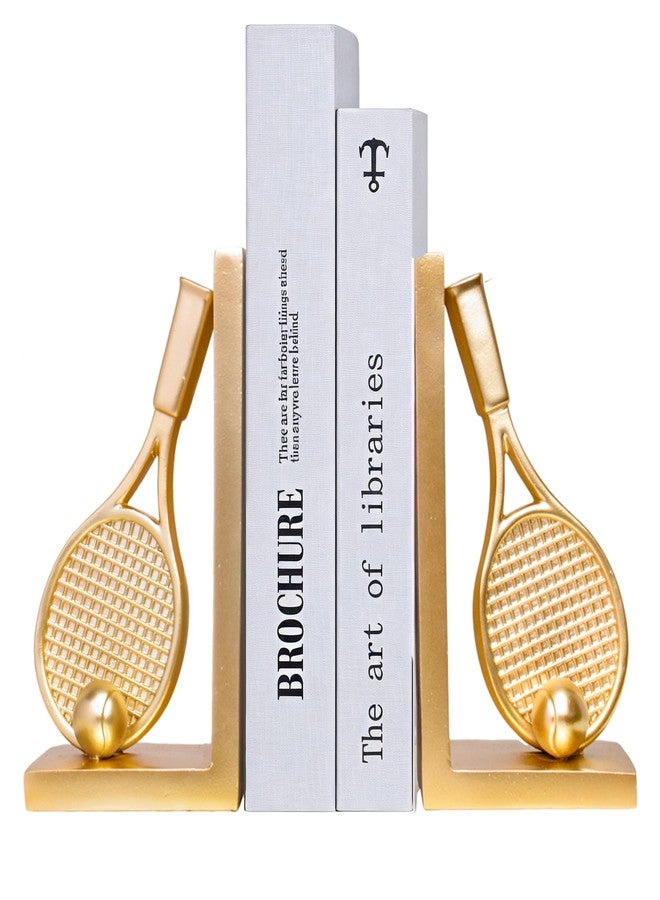 Kakizzy Modern Decorative Gold Bookends for Shelves,Book Ends for Heavy Books,Unique Tennis Racket Book Stopper Decor for Desk Home,Non-Slip Book Holder Shelf Decor, for Tennis Lovers - Image 1