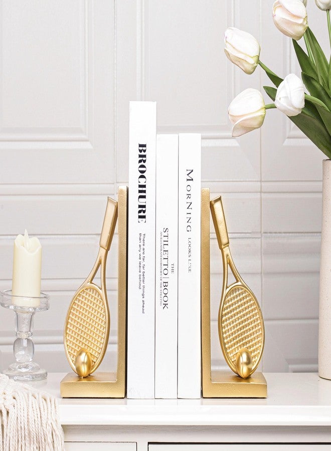 Kakizzy Modern Decorative Gold Bookends for Shelves,Book Ends for Heavy Books,Unique Tennis Racket Book Stopper Decor for Desk Home,Non-Slip Book Holder Shelf Decor, for Tennis Lovers - Image 2