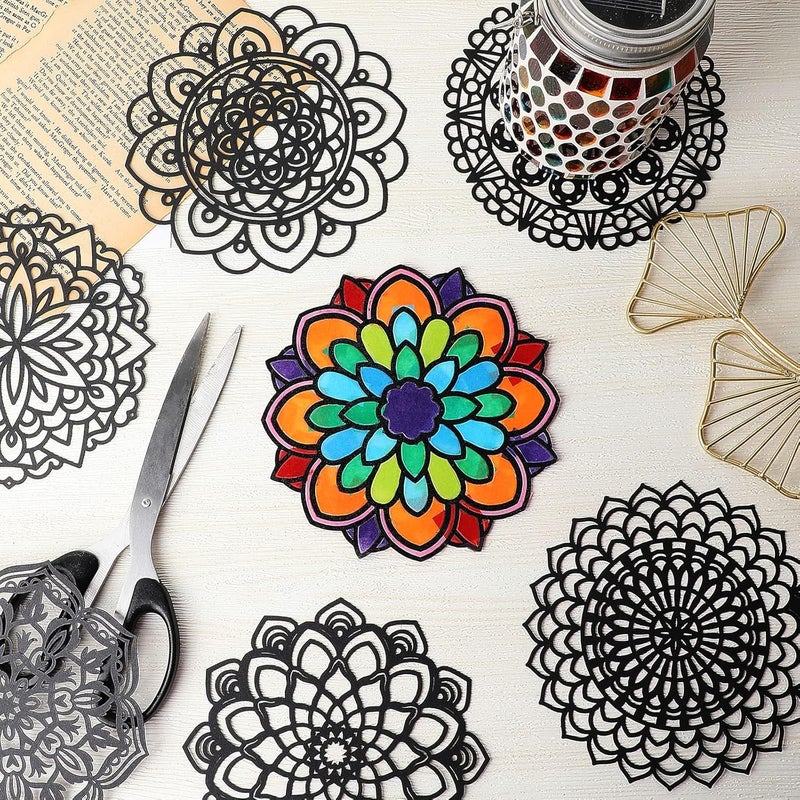 تينليد 18 حزمة ملصقات نافذة ماندالا الملونة، مجموعات DIY للزجاج الملون، صائدات الشمس للنوافذ، طقم الفنون والحرف اليدوية DIY للبالغين، صائدة شمس ماندالا للمبتدئين والأطفال والمراهقين، مقاس 6 × 6 بوصات - Image 4