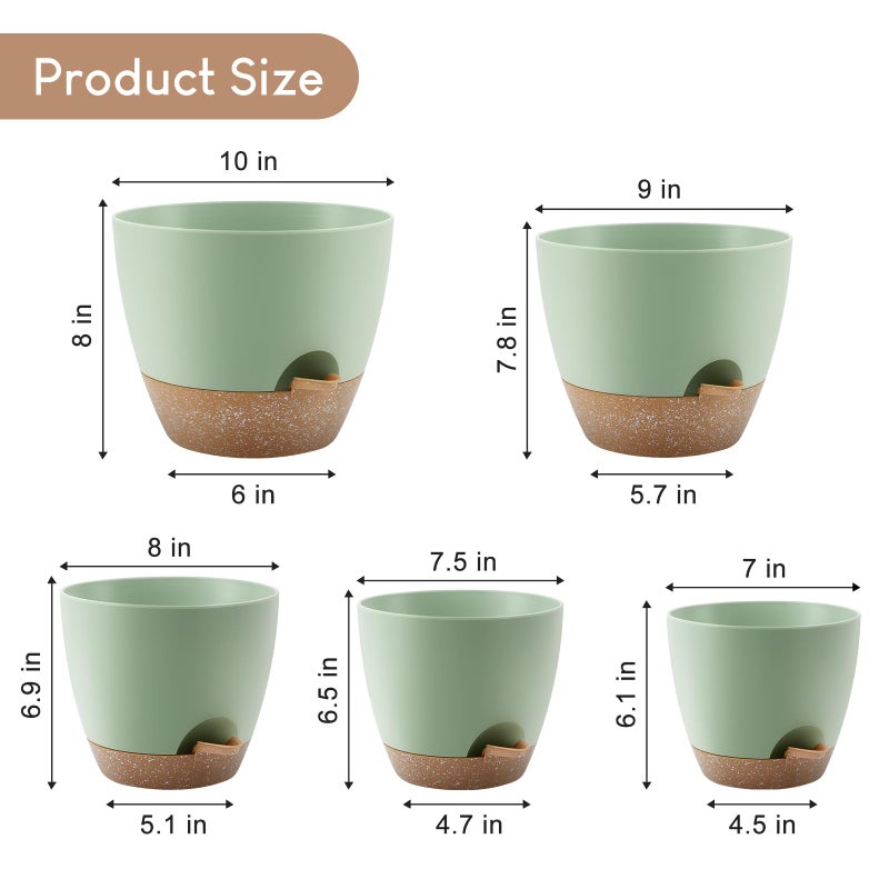 Ynnico Plant Pots 10/9/8/7.5/7 Inch  Self Watering Planters With Drainage Holes & Saucers For Indoor And Outdoor Plants (Green) - Image 2
