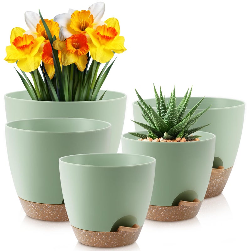 Ynnico Plant Pots 10/9/8/7.5/7 Inch  Self Watering Planters With Drainage Holes & Saucers For Indoor And Outdoor Plants (Green) - Image 1