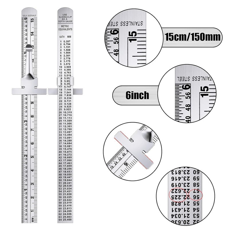 TOODOO 4 Pcs Pocket Ruler 6 Inch and 12 Inch Metal Rulers with Inch and Metric Graduation Stainless Steel Precision Measuring Tool for Engineering School Office - Image 2