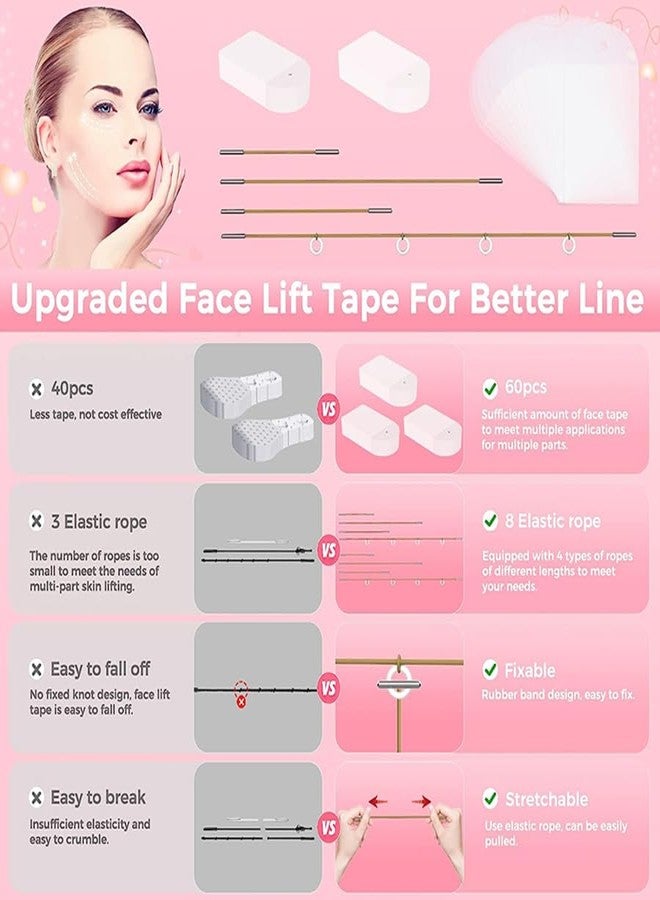 HIDOVETEC Face Lift Tape Invisible 60Pcs with 8 ropes,Face Tape Lifting Invisible with String, Bands,Face Lifter Tape for Makeup,Lifting Sagging Skin,Wrinkles,Neck,Eyes and Brows,Double Chin,Anti-Wrinkle - Image 3