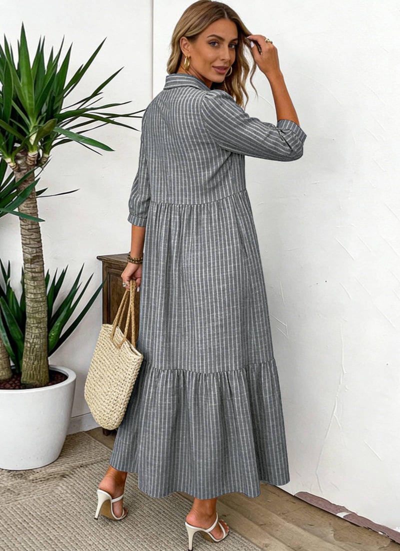 XNC Women's Striped Maxi Dresses 2026 Summer Fashion Collared Boho Dress Print 3/4 Sleeve Work Dress with Pockets Gray - Image 5
