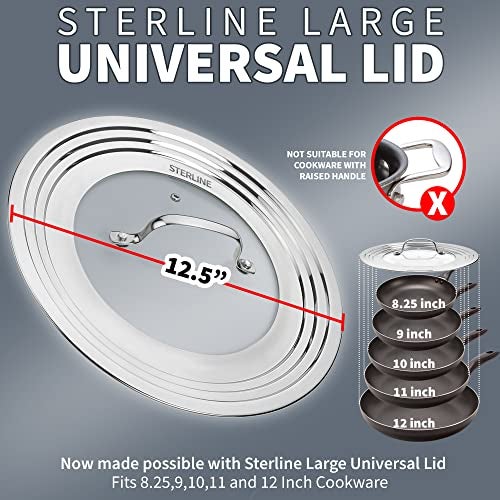 Sterline Large Universal Lid,Fits 8 -12 Inch Cookware,Tempered Glass Top with Steam Vent for Pots, Frying Pan,Stainless Steel Replacement Pot Lid for Kitchen Organizing, Space Saving - Image 2