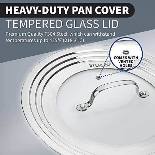 Sterline Large Universal Lid,Fits 8 -12 Inch Cookware,Tempered Glass Top with Steam Vent for Pots, Frying Pan,Stainless Steel Replacement Pot Lid for Kitchen Organizing, Space Saving - Image 3