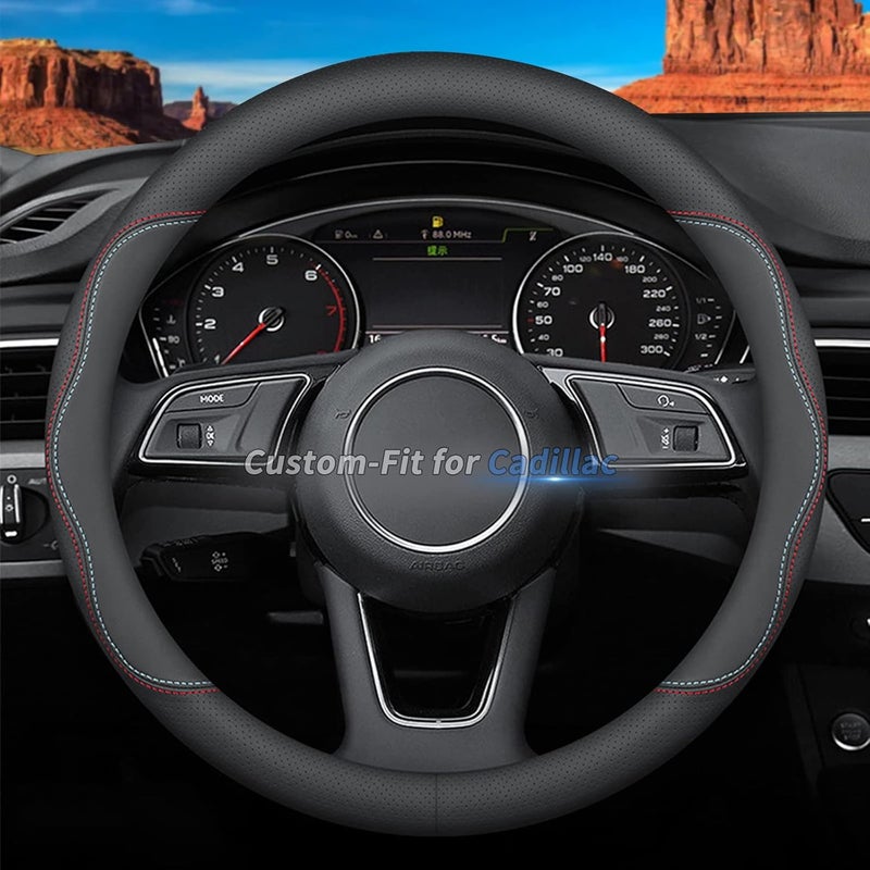 Deer Route Custom-Fit Premium Leather Steering Wheel Cover for Cadillac - Non-Slip, Breathable With Logo (A-Style) - Image 1