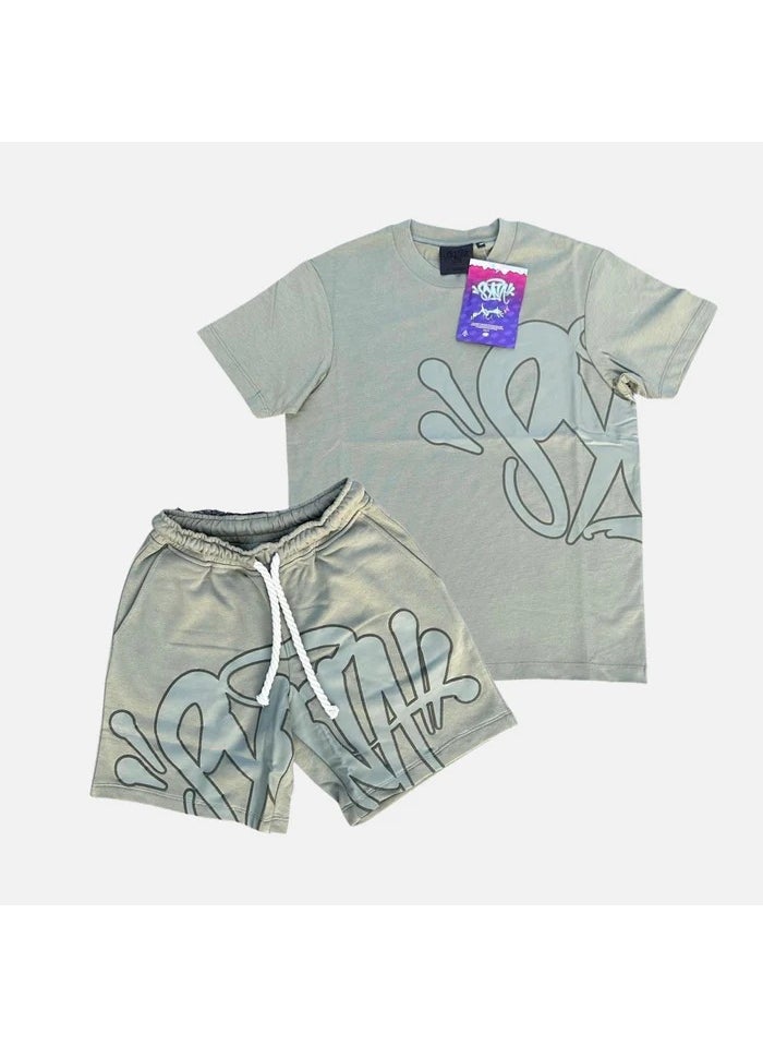 Generic - SynaWord Fashion Hip-Hop Suit Male 2023 Trendy Tee Printed Shorts Gray green (suit) - Image 1