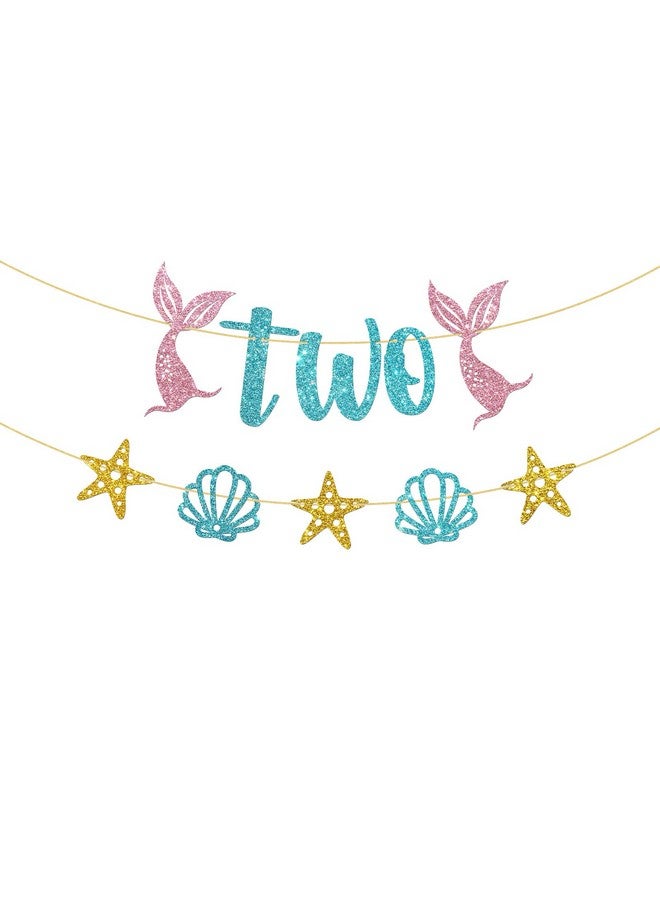 WeBenison Mermaid Two Birthday Banner/Girl's 2nd Birthday Banner Bunting/Ocean Second Two Sign/Under The Sea Mermaid 2nd Anniversary Party Decorations/Blue Pink Gold Glitter - Image 1