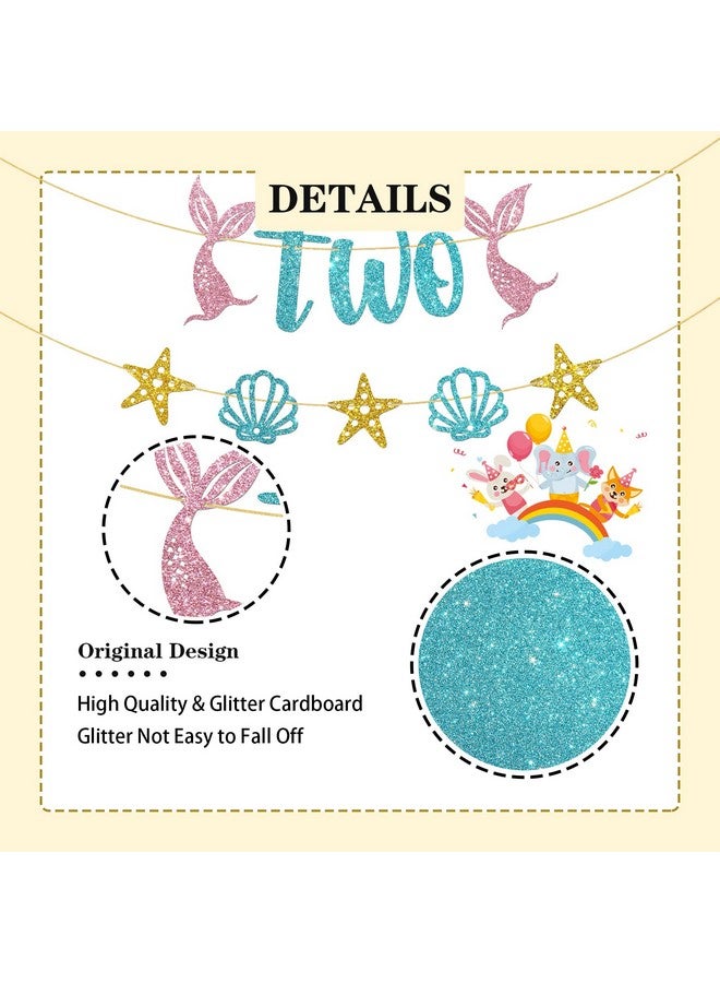 WeBenison Mermaid Two Birthday Banner/Girl's 2nd Birthday Banner Bunting/Ocean Second Two Sign/Under The Sea Mermaid 2nd Anniversary Party Decorations/Blue Pink Gold Glitter - Image 3