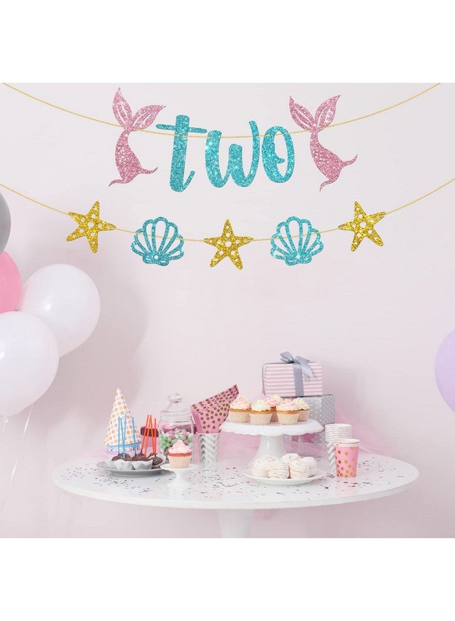 WeBenison Mermaid Two Birthday Banner/Girl's 2nd Birthday Banner Bunting/Ocean Second Two Sign/Under The Sea Mermaid 2nd Anniversary Party Decorations/Blue Pink Gold Glitter - Image 5